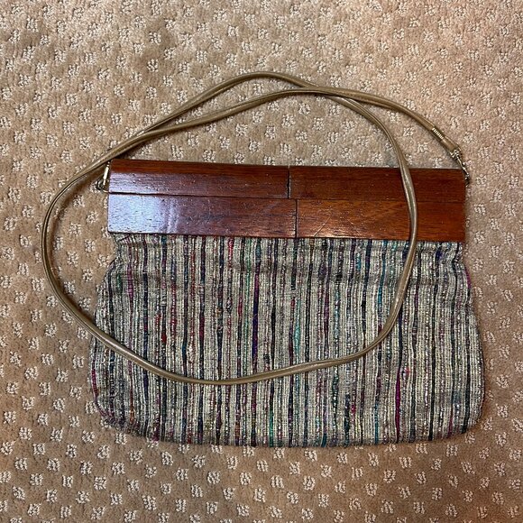 Saddle River Metallic Woven Wood Clutch 80's Y2K Moonlighting 90’s Unique - Picture 1 of 16